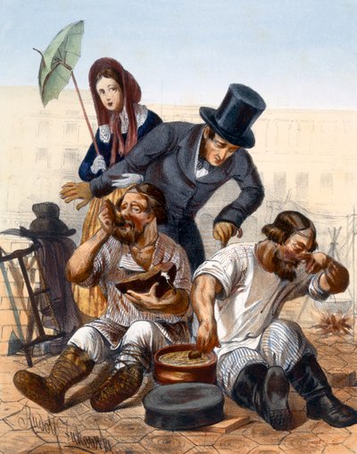 Coppia ricca parla con una coppia di carpentieri ubriachi che cucinano e mangiano in strada, 1843 da Rudolf Jukowsky